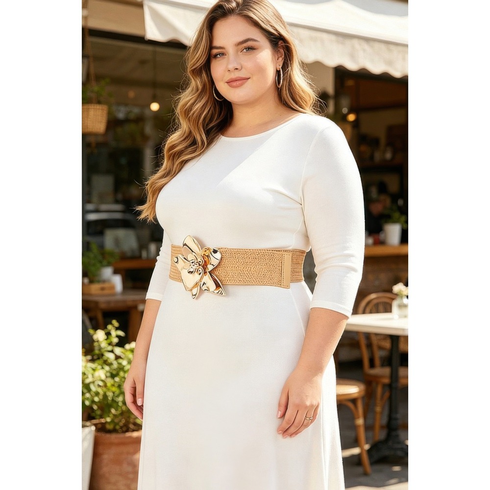 Woven Stretch Belt Women OS Tan New Gold Flower Buckle Raffia Style